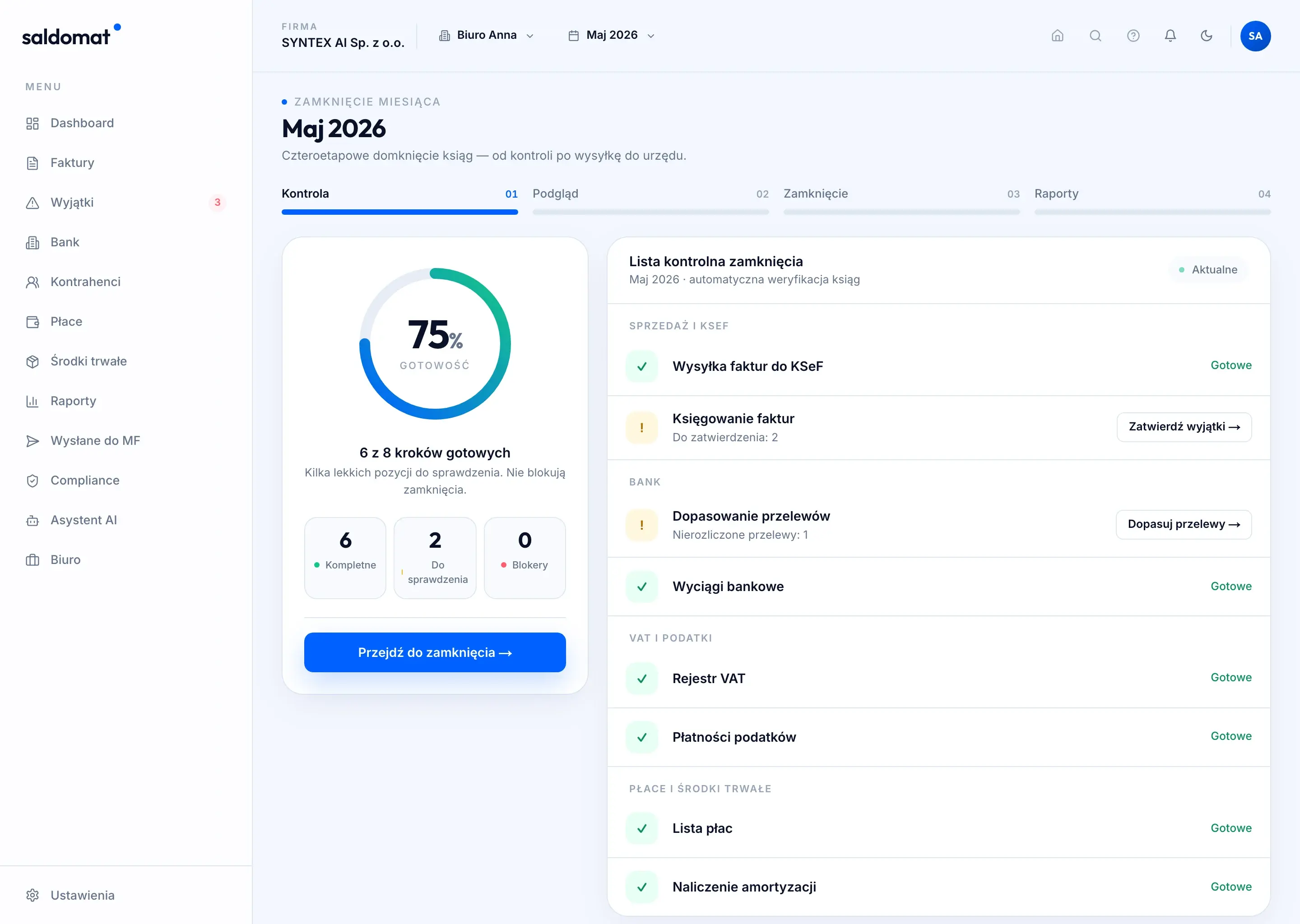 Panel zamknięcia okresu w saldomat — lista kontrolna i domknięcie jednym kliknięciem