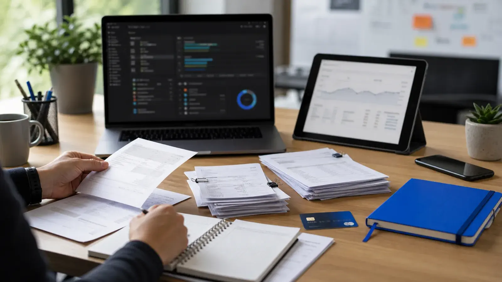 Biurko software house'u z laptopem, rozmytym widokiem finansów, fakturami za subskrypcje i niebieskim notatnikiem — uporządkowanie powtarzalnej księgowości IT.