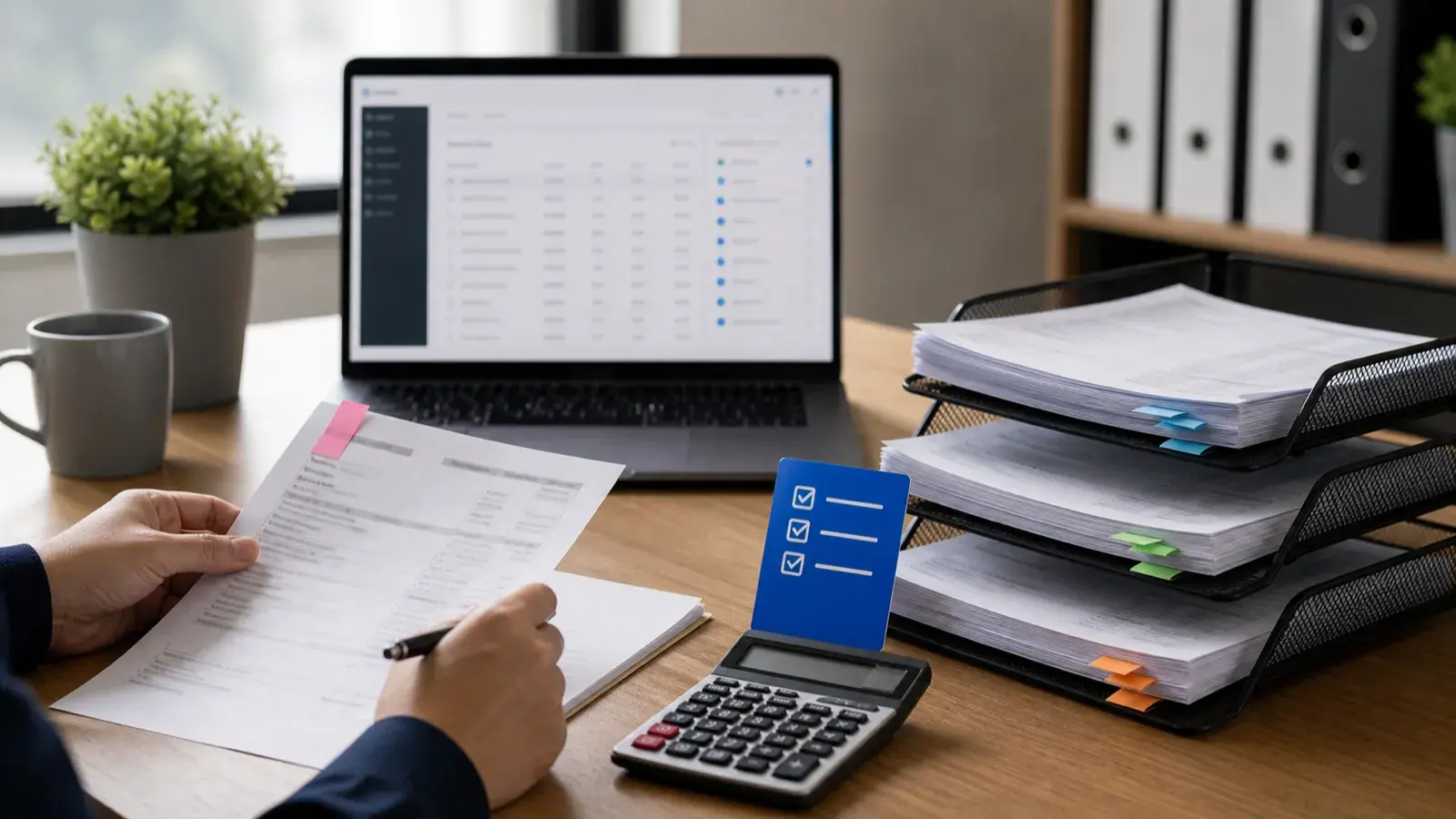 Biurko księgowe z laptopem, rozmytą kolejką walidacji VAT, posegregowanymi fakturami i niebieską checklistą — automatyzacja przygotowania JPK_V7M.