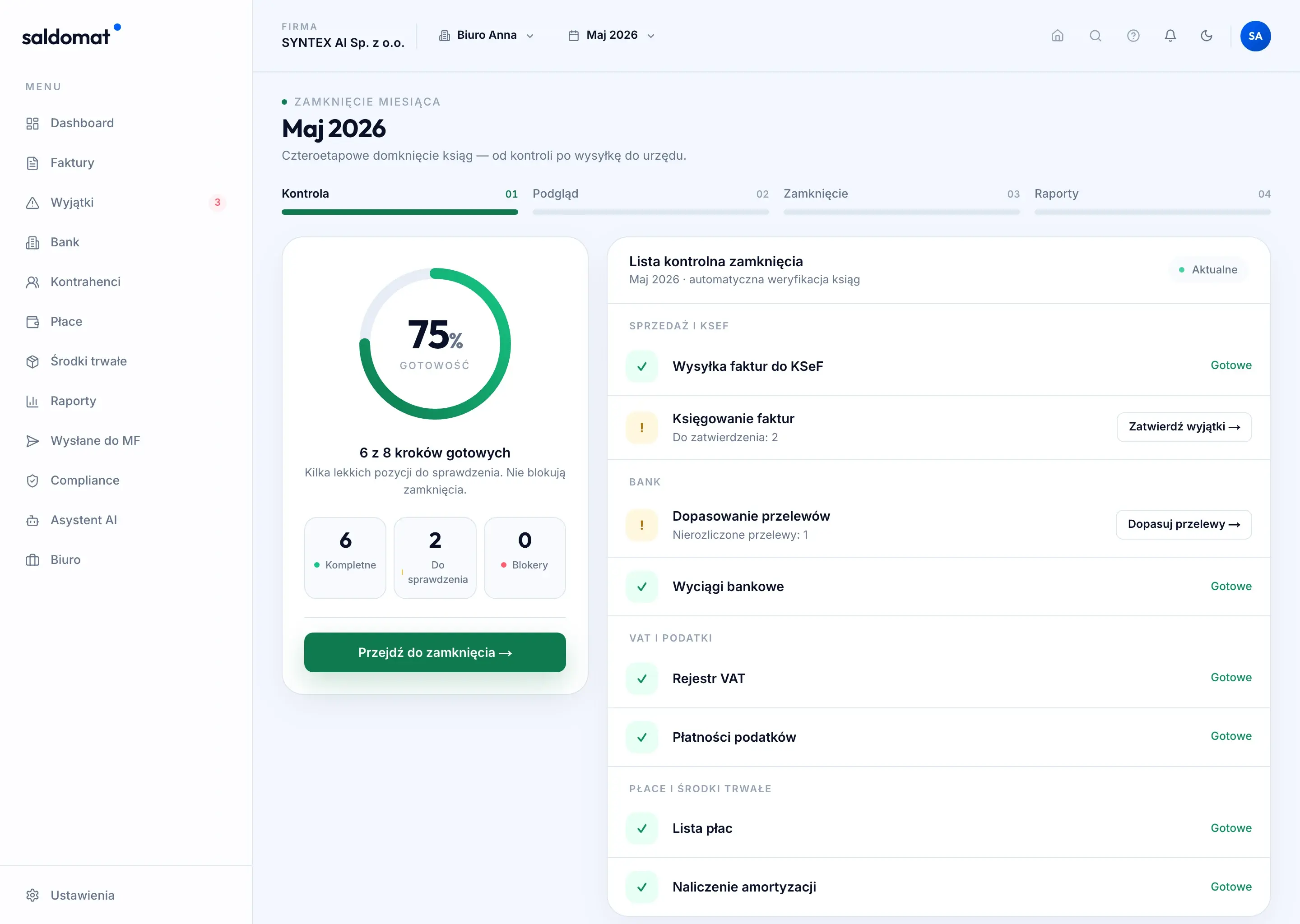 Zamknięcie miesiąca klienta w saldomat — lista kontrolna i domknięcie okresu